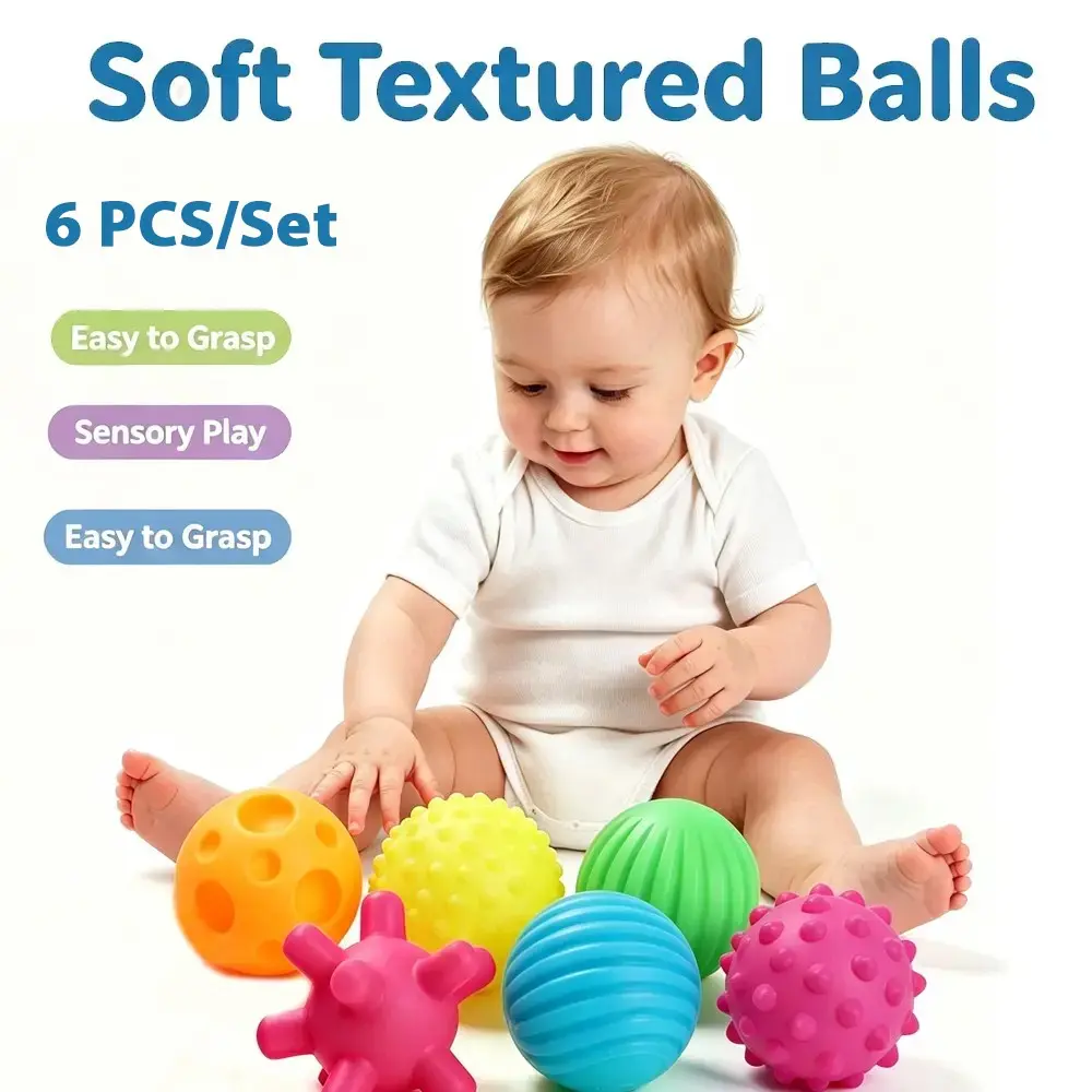 6 Pcs Baby Sensory Balls Set, Soft Textured Tactile Massage, Squeaky Teething Toy, Montessori Early Learning, Shower Play Gift, Random Color