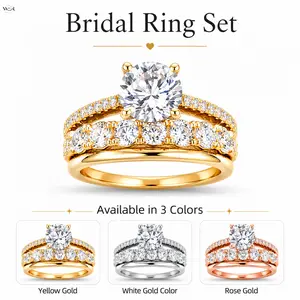 3 Piece Stackable Round Cut CZ Bridal Ring Set, Four Prong Solitaire Engagement Ring & Half Eternity Wedding Band Matching Stack Ring, Women Wedding Promise Jewelry in Yellow Gold White Gold Rose Gold