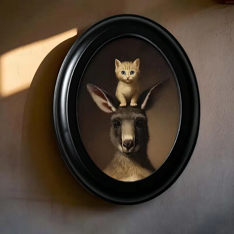 1 count，Kangaroos and Orange Cats Retro Vintage Wooden Photo Frame - 6.8 * 8.7inch Inch Oval Wall Art with Hand-Transferred Picture, Reusable Farmhouse Decor for Living Room, Bedroom, Kitchen, Christmas & Thanksgiving - Includes Frame