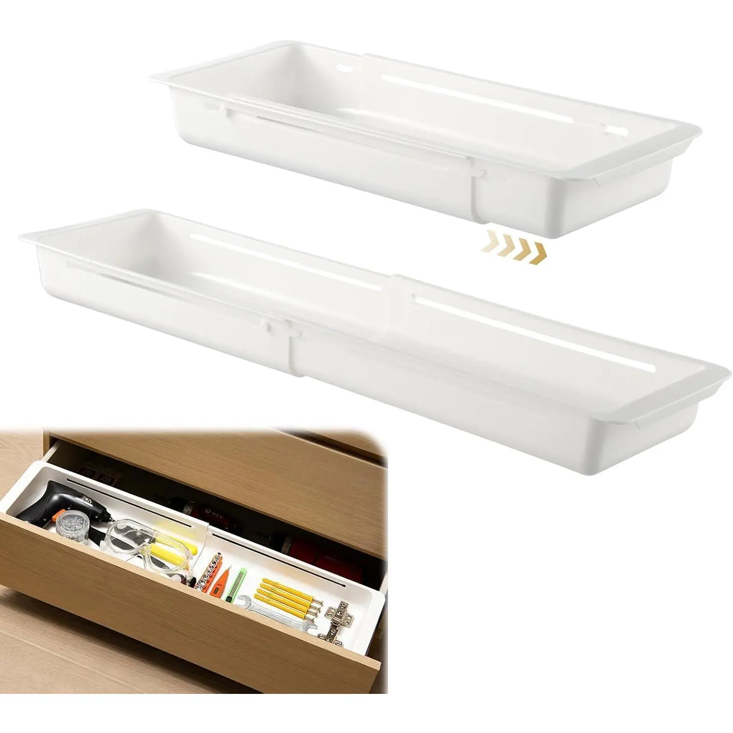 2 PCS Deep Drawer Organizer Bin Adjustable and Expandable Sliding Storage Trays Sliding Drawer Organizers Trays for Kitchen Utensils Office Supplies Makeup and Tools, White (17.4''-27.5'')