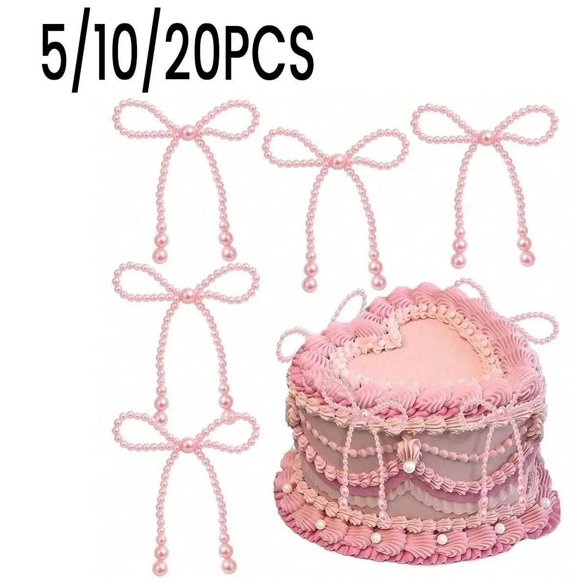Pearl Bow Birthday Cake Decorations Set, Romantic Cake Decoration Kit, Floral Wreath Beads, Party Supplies, Wedding Anniversary Gifts