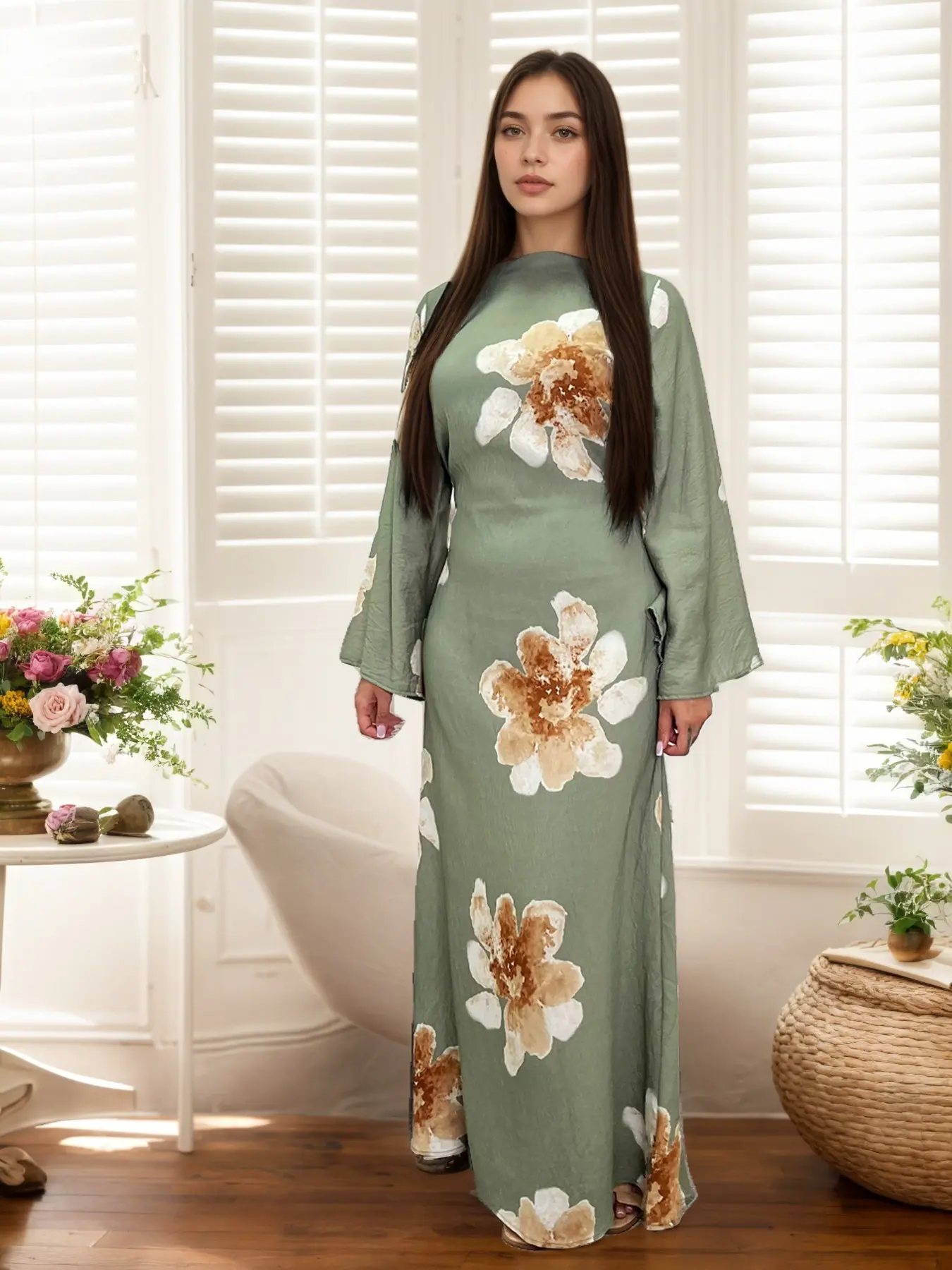 New Muslim Women's Multi-Color Watercolor Large Flower Back Tie Dress, Soft Style Modest Fashionable Middle Eastern Long Dress, Loose-Fitting Long Sleeve