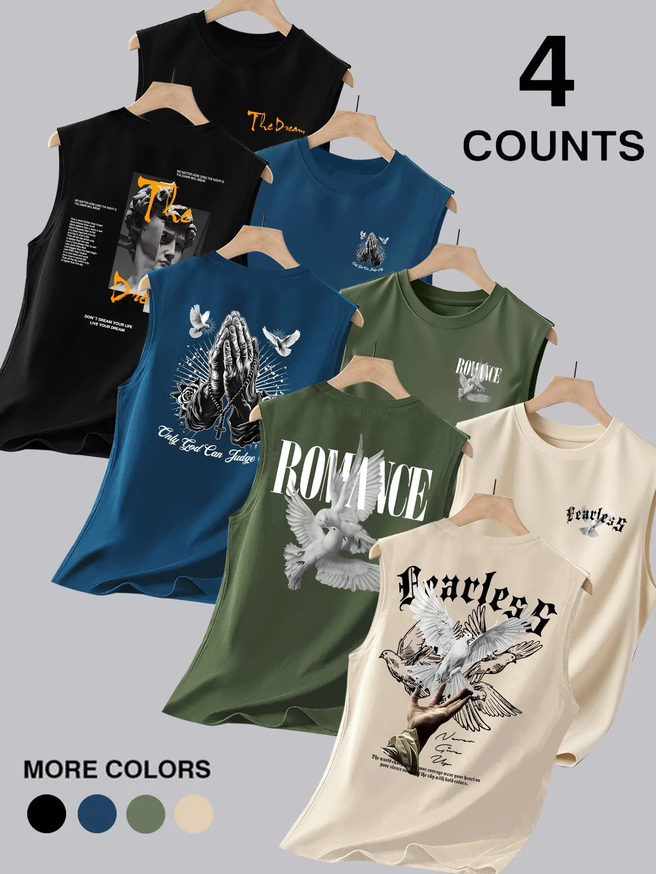 Mens Crew Neck Sleeveless Tank Tops Multi Style Classic Dove Praying Hand Sculpture Portrait Letter Slogan Front & Back Graphic Print Casual Aesthetic Streetwear Tees For Daily Urban Relaxed Leisure Outfit