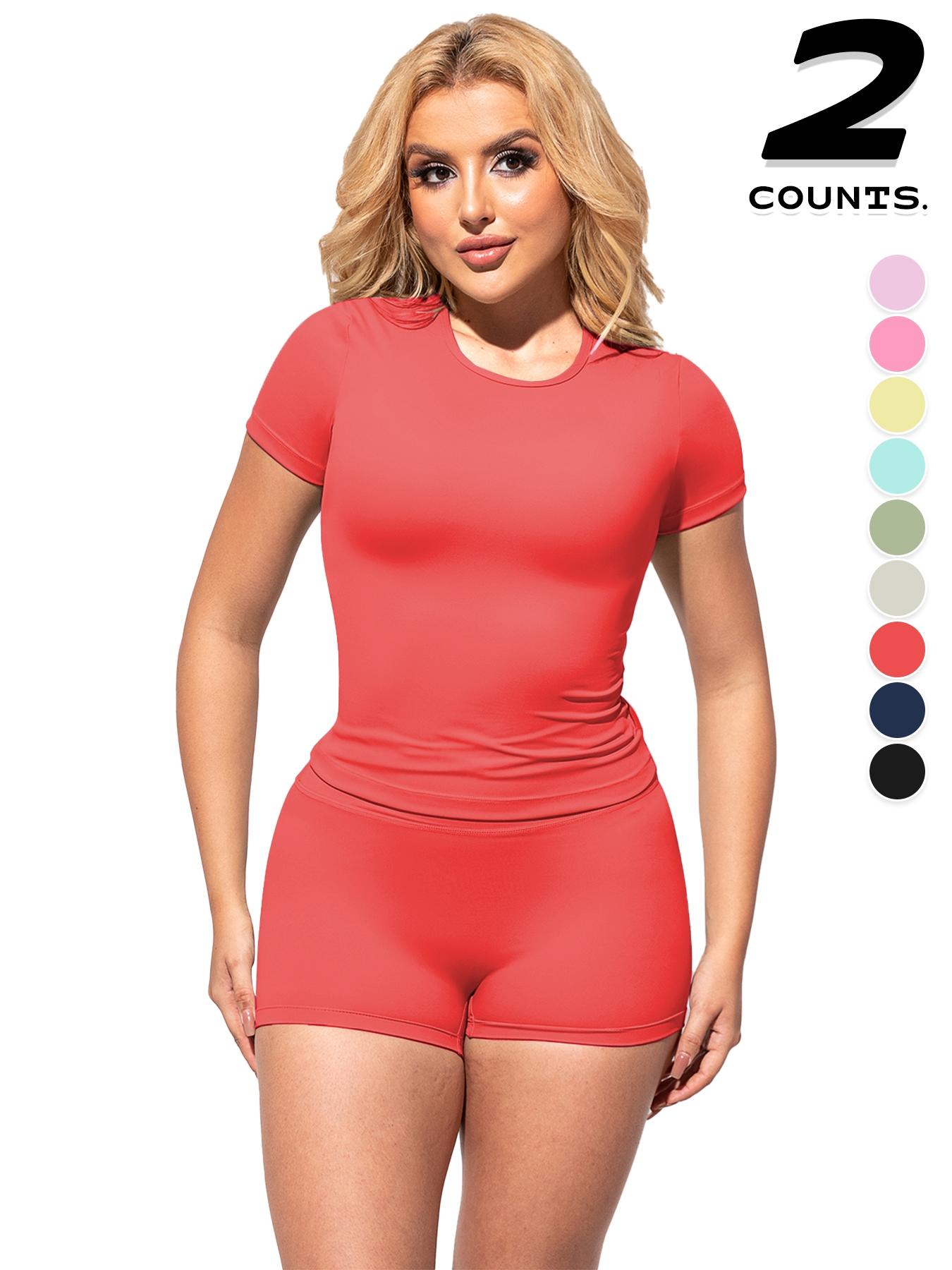 2PCSWomen's Solid Color Short Sleeve Tee & Shorts Set, Breathable Workout Running Clothes Gym Yoga Running, Comfortable Sportswear for Women