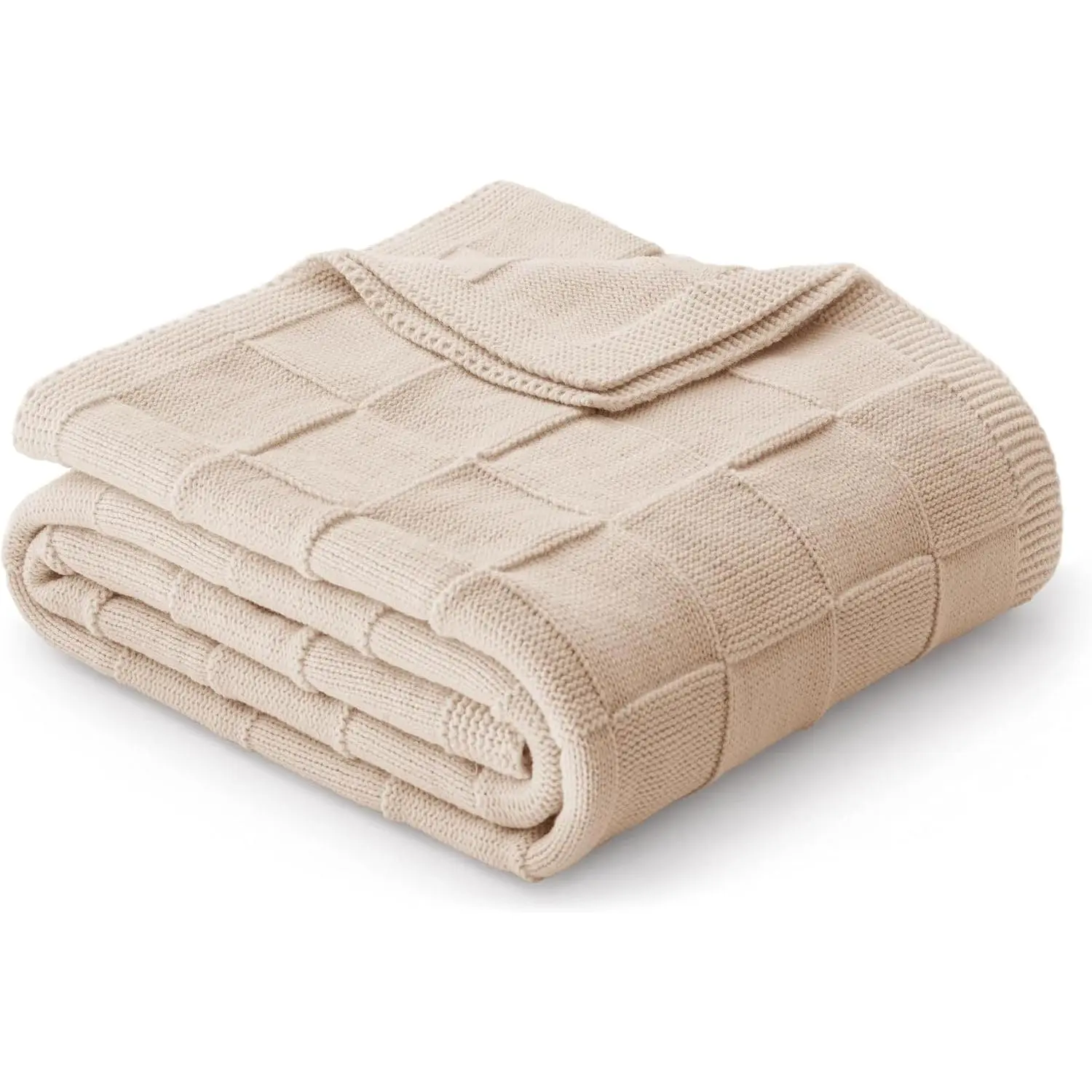 Check Knit Throw Blanket - Breathable Light Cozy Warmth for Couch & Bed, Decorative Textile for Spring Summer, 50x60 in, Camel, Synthetic Fiber