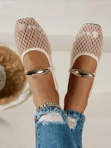 French mesh Mary Jane flats, square toe for a retro vibe, soft sole, multi-scene friendly, four colors available, Shoe
