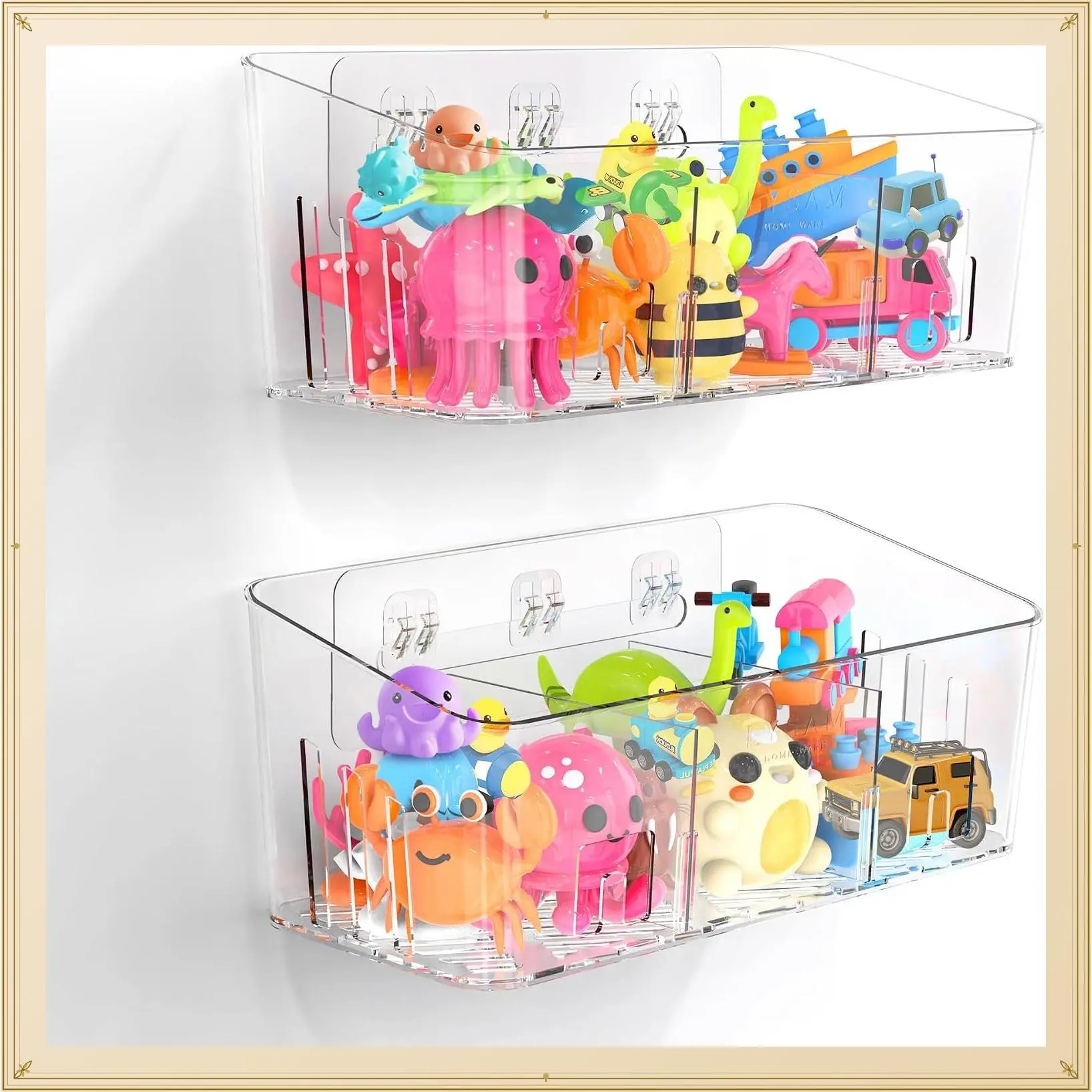 2-Pack Large Bath Toy Storage Organizer with 3 Quick-Dry Compartments, BPA-Free Wall-Mounted Adhesive Shower Caddy Basket Bin for Baby Toddler Kids, ClearGift