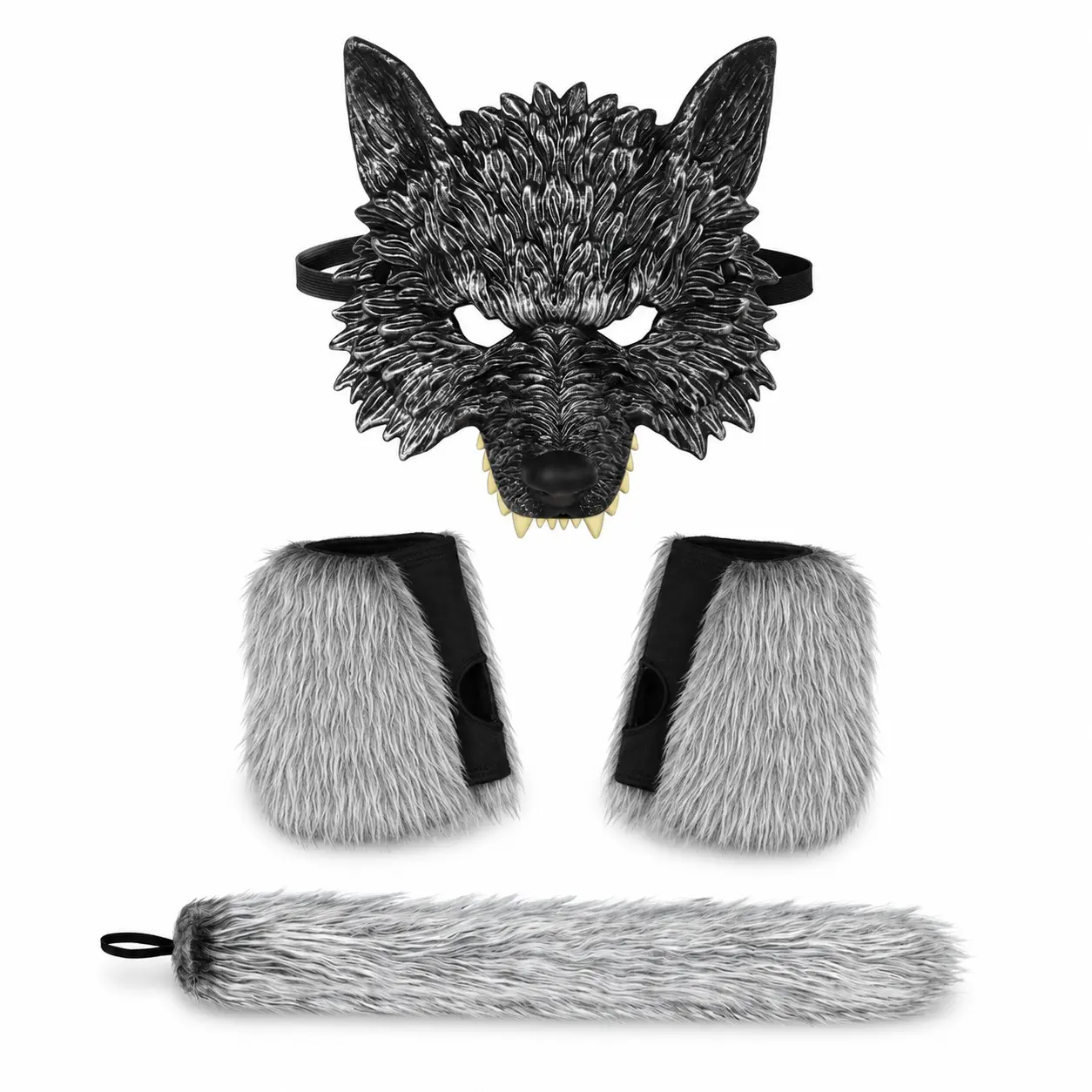 4-Piece Silver Werewolf Costume Set, 3D Wolf Head Half Mask, Fuzzy Claw Pads, Tail, Halloween Party Cosplay Role Play Accessories, Party Costume Accessory