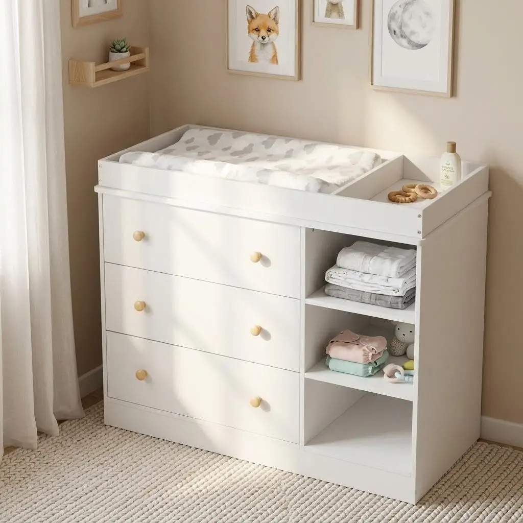Baby Changing Table with Drawers and Open Shelves, White Wooden Nursery Diaper Changing Station with Waterproof Pad, Infant Changing Table for Newborn Baby Nursery