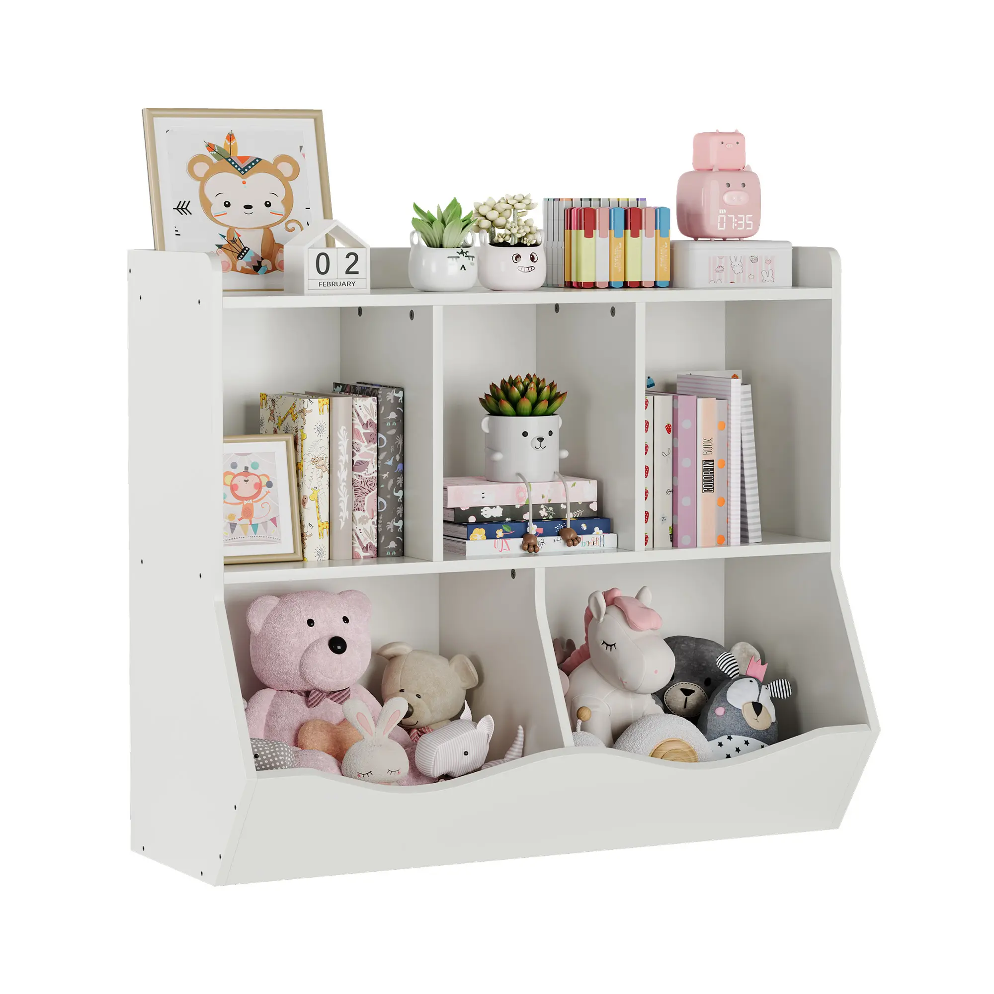 Kids Bookshelf and Toy Storage Organizer Cabinet with 5 Cubbies, Multi-Shelf Wooden Bookcase for Playroom, Bedroom & Nursery, Toddler Furniture with Anti-Tip Anchor & Rounded Edges, Easy Assembly, Ideal for Books, Toys, Games & Stuffed Animals