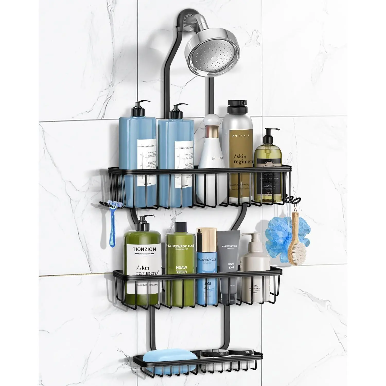 Black Aluminum Over-the-Showerhead Hanging Shower Caddy, Never-Rust Organizer with Soap Basket, 6 Hooks for Razor/Sponge, Bottle Holder, Rubber Grip for Easy Installation