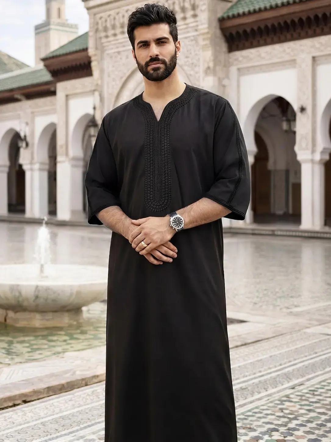 Moroccan Traditional Men's V-Neck Embroidered Robe, Loose-Fit All-Season Clothing, Ideal for Eid, Gift-Giving and Muslim, Islamic Thobe, Traditional Arabic Robe, Moroccan Thobe Jubbah