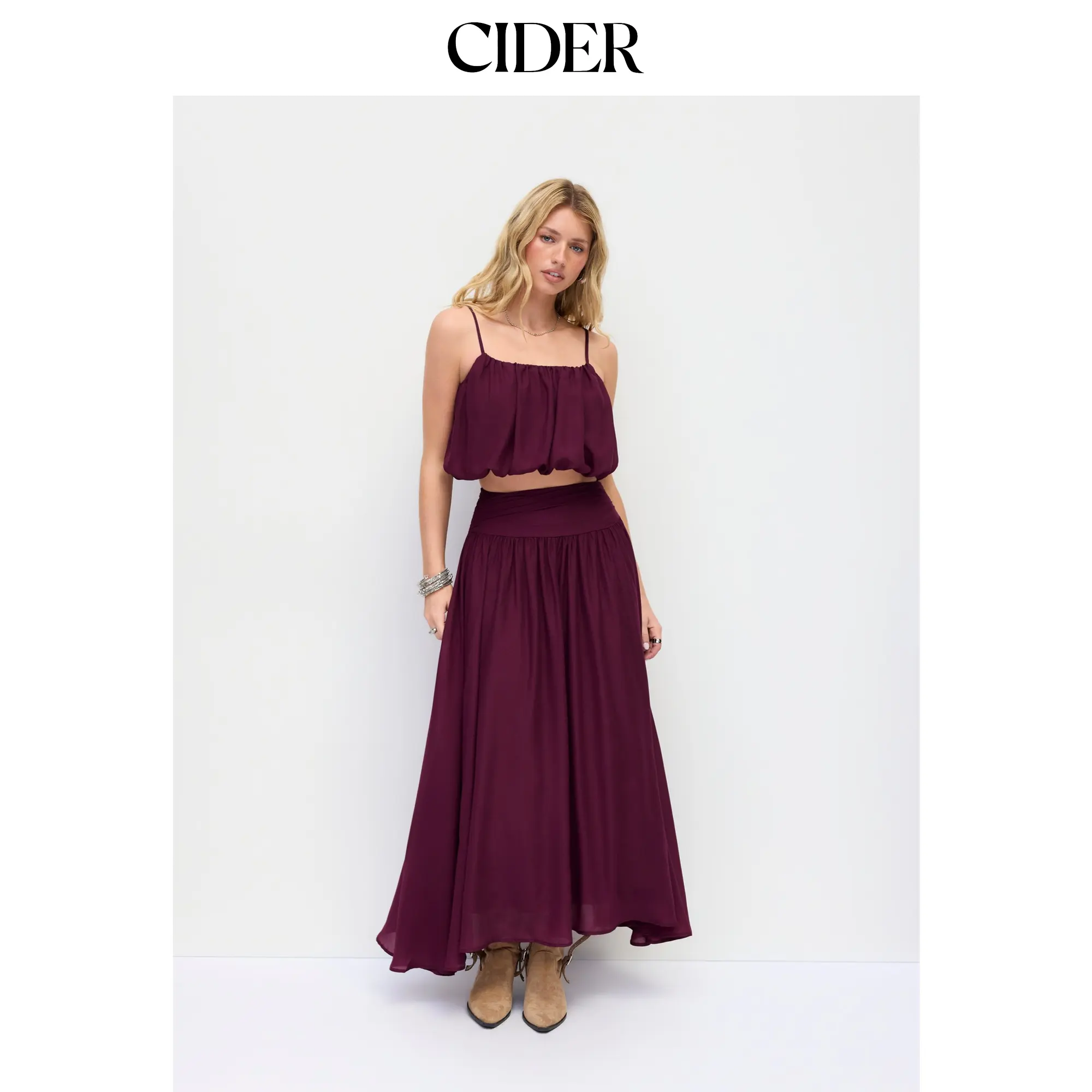 Cider Chiffon Bubble Hem Crop Cami Top & Mid Rise Maxi Skirt Set