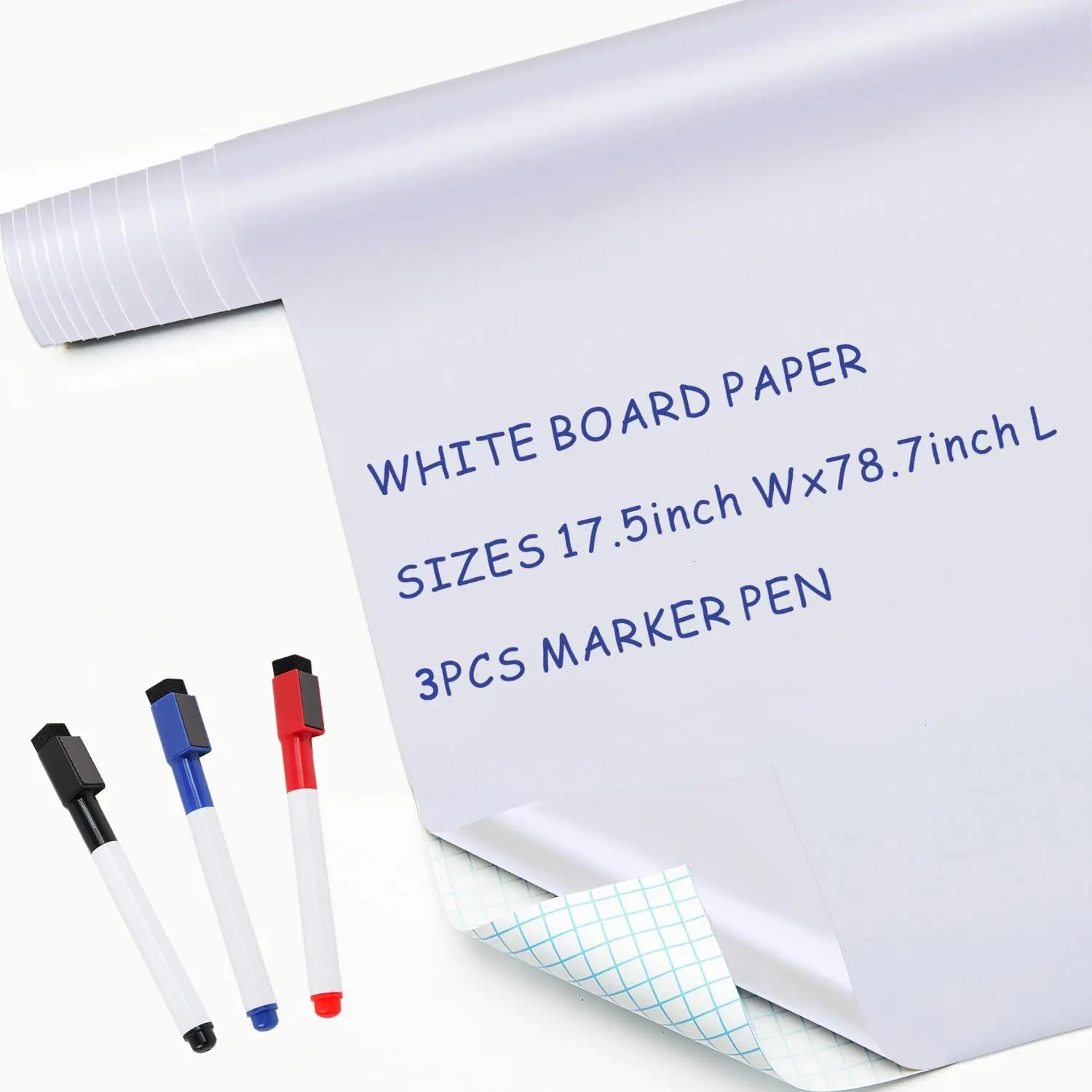 Large Size Self-Adhesive Dry Erase Board Paper Sheet Sticker - 17.3in x 78.7in, Removable Wall Mount for School/Office, Includes 3-Count Dry Erase Markers