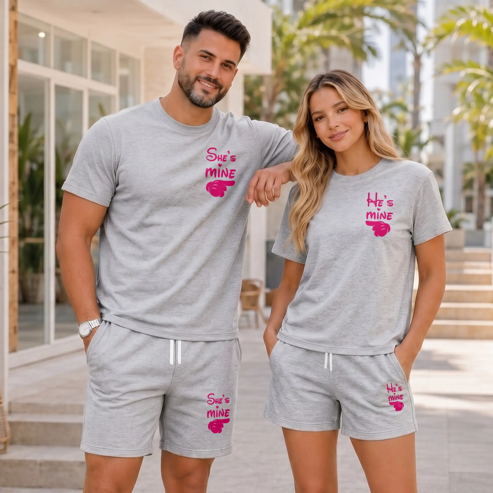 Matching Couple Graphic T-Shirt and Shorts Set, He’s Mine She’s Mine Print Summer Two Piece Outfit, Soft Casual Lounge Wear for Couples, Perfect for Vacation, Streetwear, Beach, and Daily Outfits