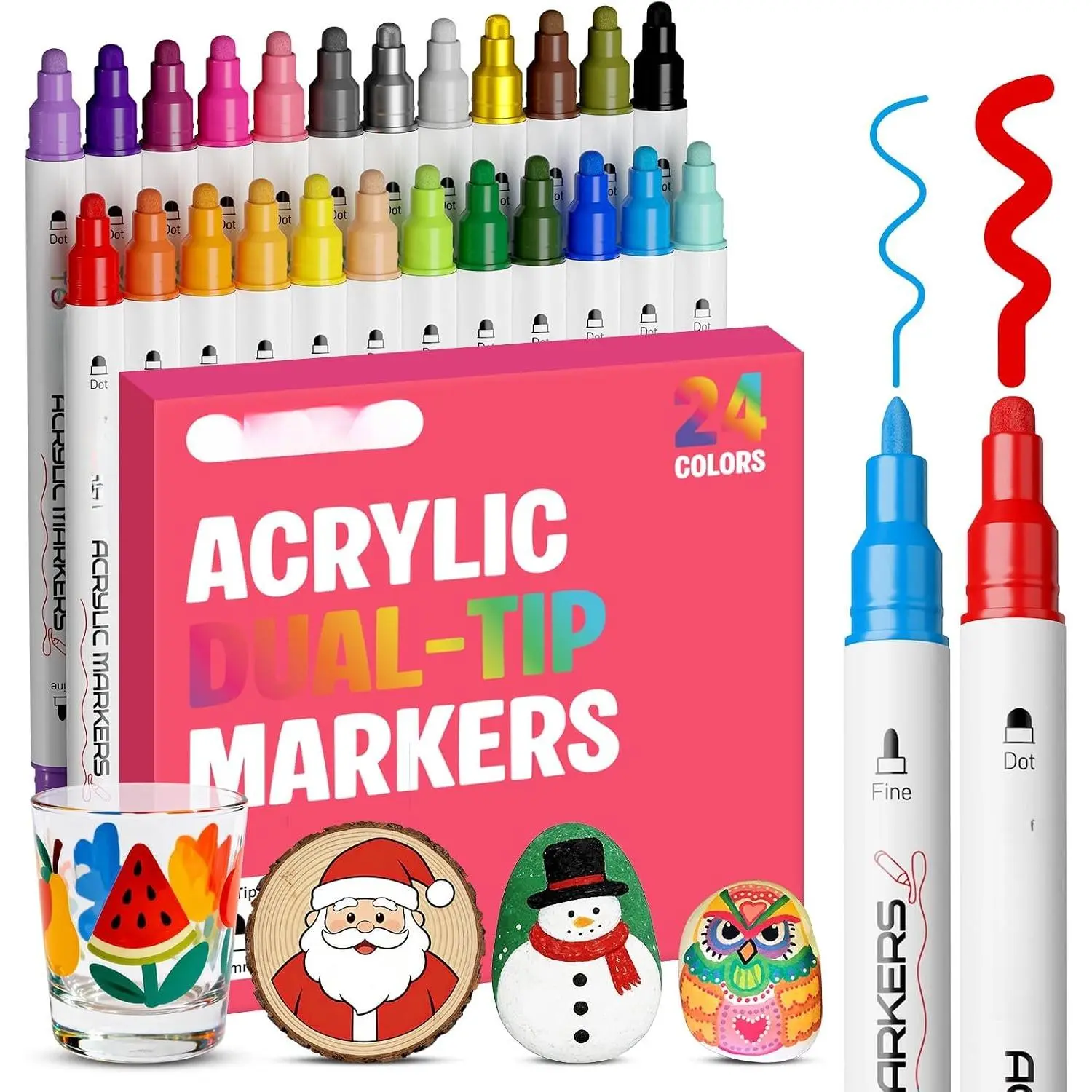 24-Color Dual-Tip Markers, Pre-Activated Dot & Fine Tip Pens, Office Stationery Writing Tools for Fabric, Rock Painting, DIY Crafts Ideas Art Supplies