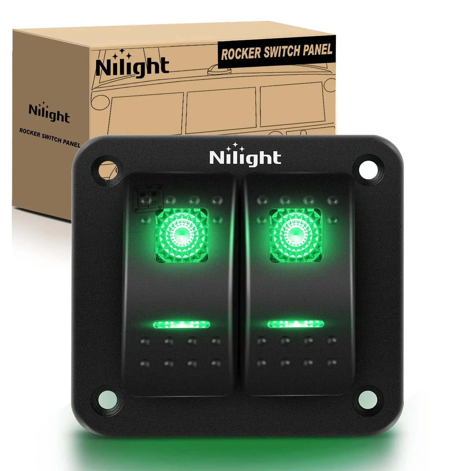 Nilight 2-Gang Rocker Switch Panel - 12V/24V DC Green 5-Pin Pre-Wired Waterproof Toggle with LED Lights, Aluminum+PC Build, Screw & Switch-Included for Cars, Boats
