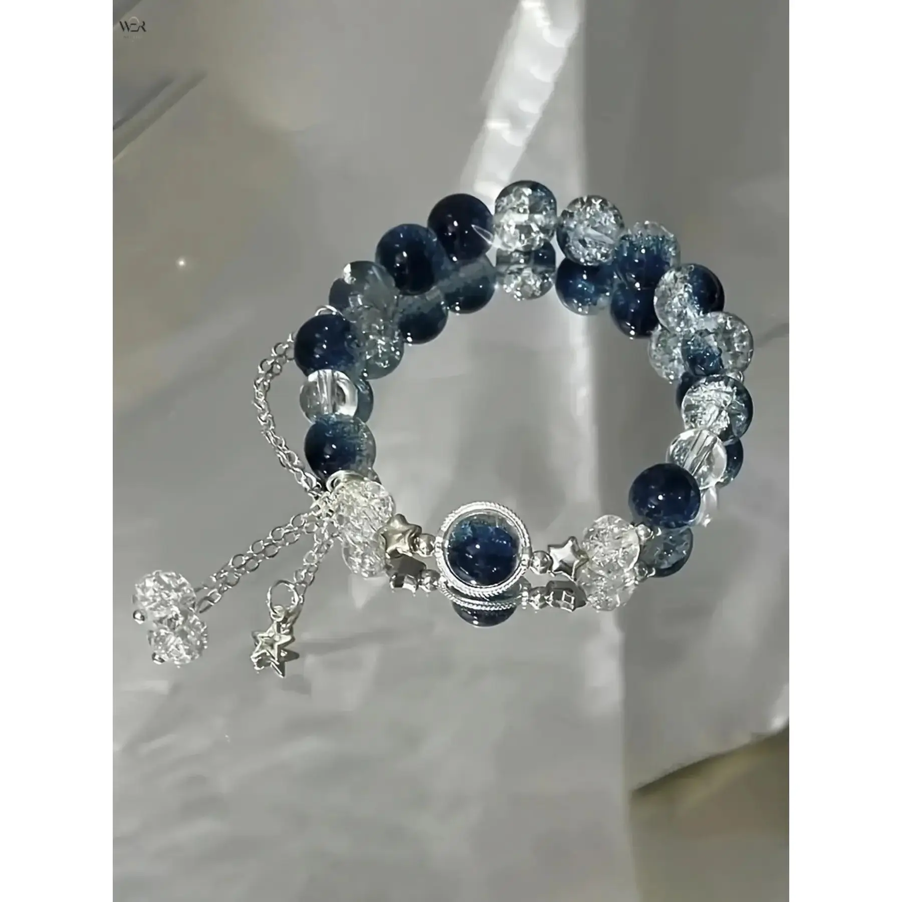 Gradient Navy Cracked Crystal Bead Bracelet 16cm Length 8mm Beads 22g, Star Charm Adjustable Silver Chain Wrist Jewelry, Dreamy Ocean Style Bracelet for Daily Wear & Friendship Gift, Adjustable Size, Bracelets