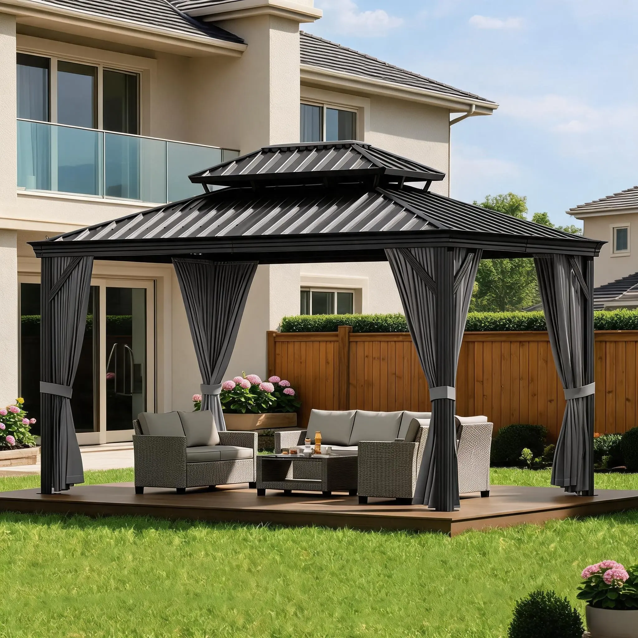 12'x10' Hardtop Gazebo, Heavy Duty Aluminum Permanent Hardtop Gazebo Outdoor Pavilion with Curtains and Netting for Garden