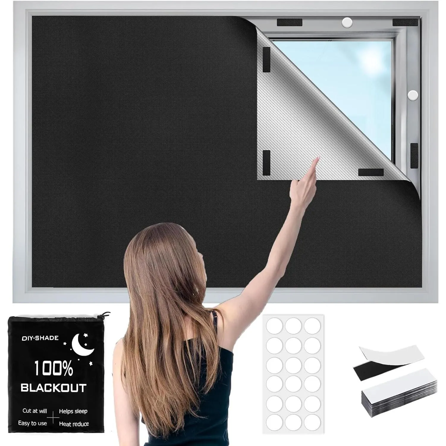 Blackout Window Cover, 138" x 57" Portable Ttravel Blackout Shades for Window,No Drill Temporary Cuttable Blackout Curtains for Bedroom, RV, ,Media Room, 420D Fabric, 20 Loop Tapes