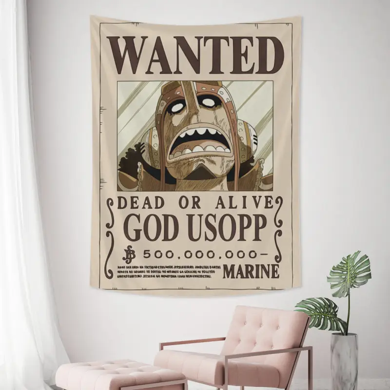 God Usopp anime Sniper Bounty Tapestry - Retro Parchment Wanted Dead or Alive Poster Wall Hanging, Japanese Comic Manga Character Fabric Banner, Vintage Game Room Decor Art for Boy Bedroom Wall Tapestries