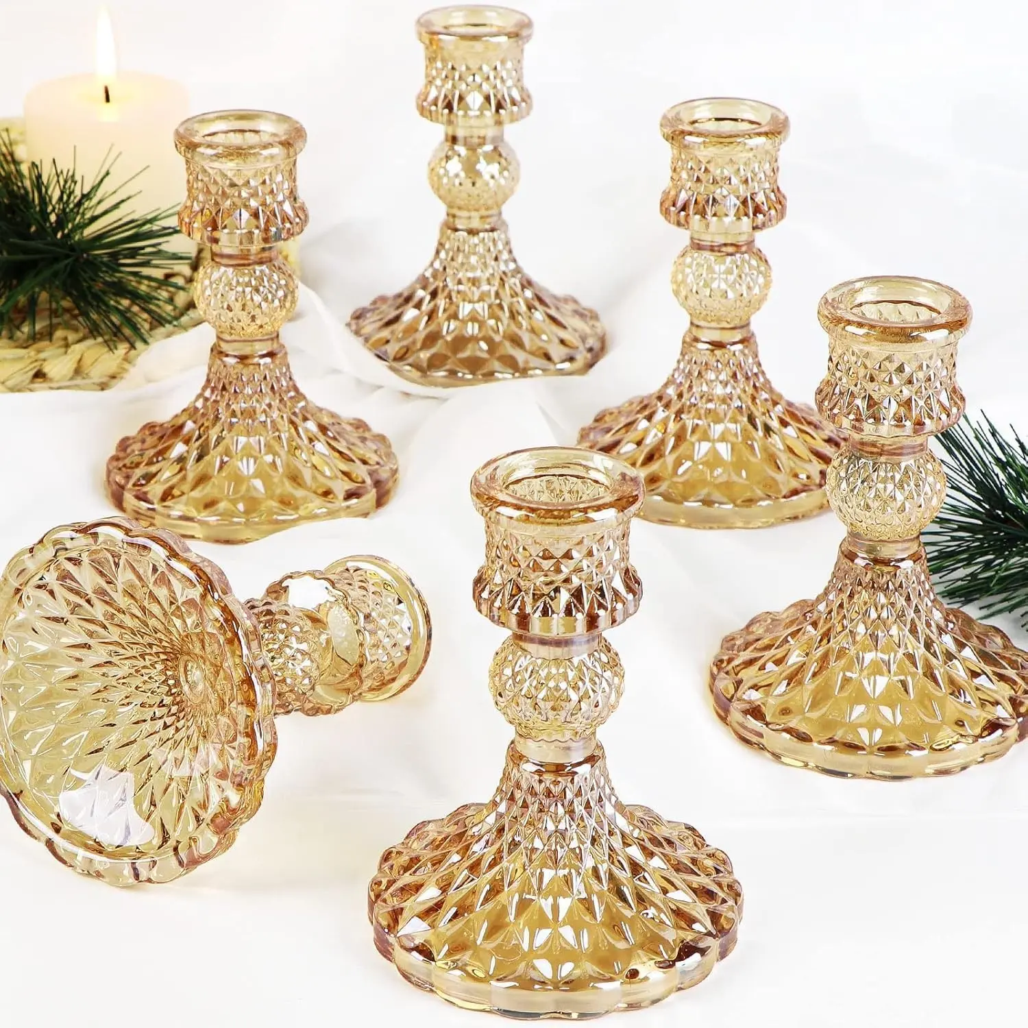 Taper Candlestick Holder Set of 6 Gold Glass Vintage Candle Holders for Table Centerpieces Fall Christmas Autumn Thanksgiving Decor