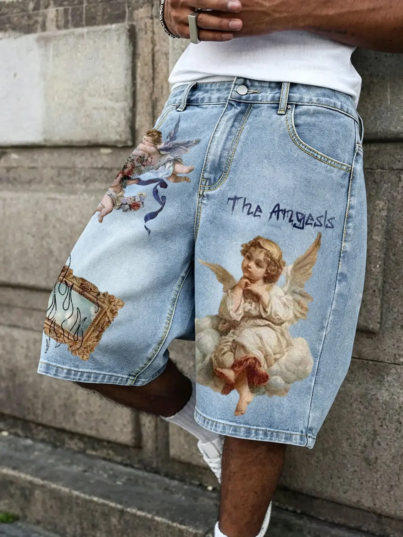 Men's Vintage Angel Print Loose Denim Shorts, Summer Knee-Length Shorts, Versatile Casual Wear, Breathable Comfortable for Daily Use