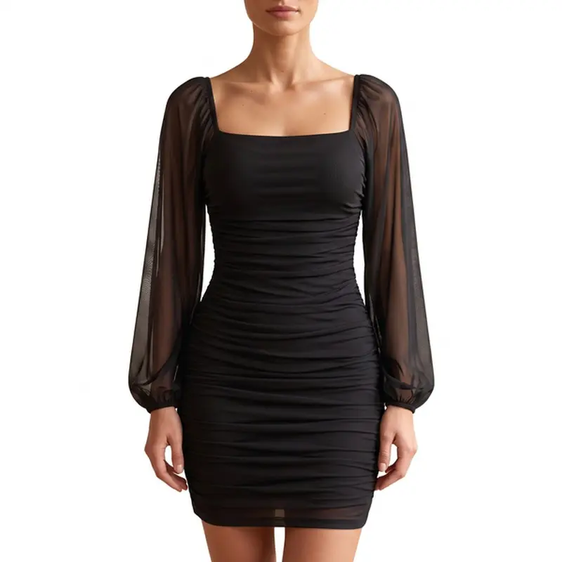 Women's Ruched Dress with Square Neck and Long Puff Sleeves for Weddings and Cocktail Parties