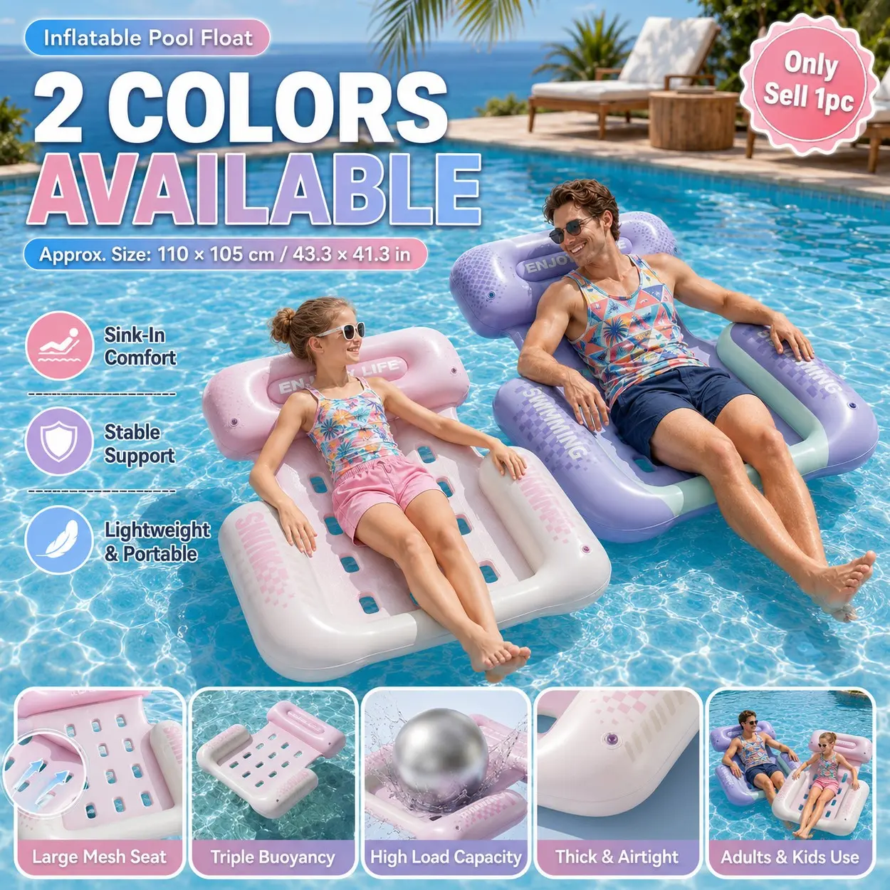 43.3In Inflatable Floating Bed for Adults, 3-Tube PVC Water Lounger with Breathable Air Hole Surface, Portable Foldable Pool Float for Outdoor Swimming, Beach, Lake, Summer Floating Chair for Relaxation and Sunbathing, Pool Floaties, Pool Inflatables