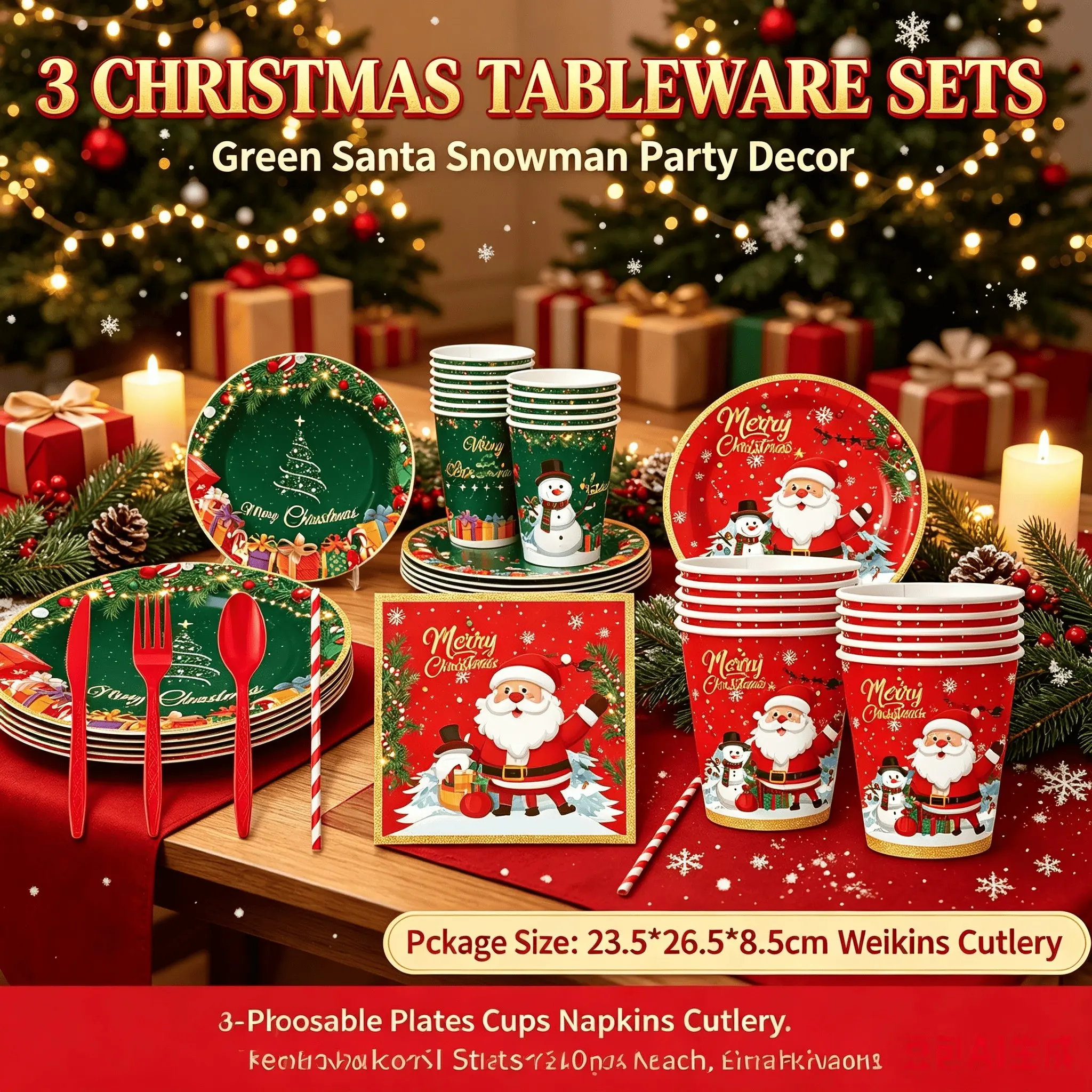 2026 New Winter Christmas 8-Piece Disposable Tableware Set, Xmas Tree Reindeer Santa Prints, Serves 10 Guests, Holiday Dinner Decor