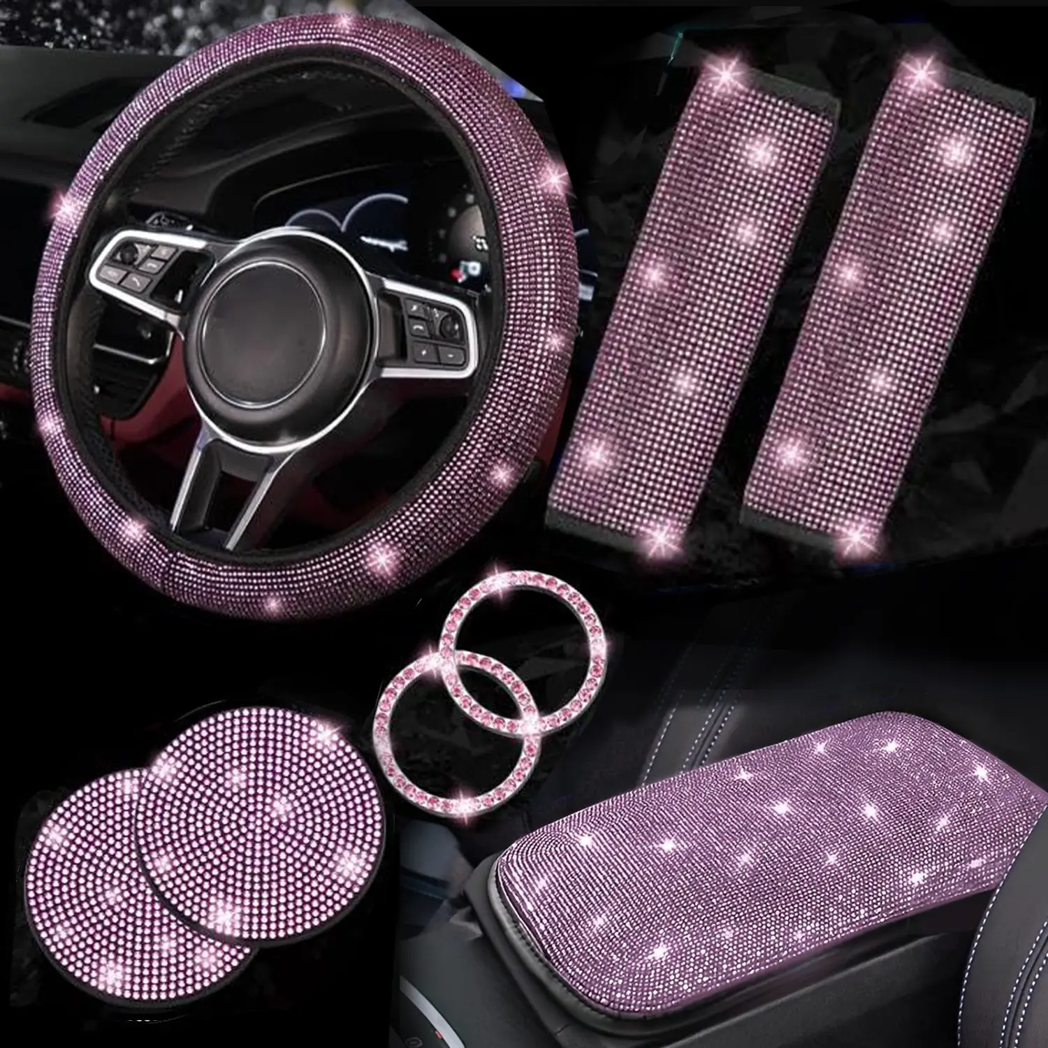 8-Piece Luxury Car Steering Wheel Cover Set, Artificial Rhinestone Material, Unisex All-Season Auto Interior Accessories, Sparkling Car Accessories, Bling Car Accessories