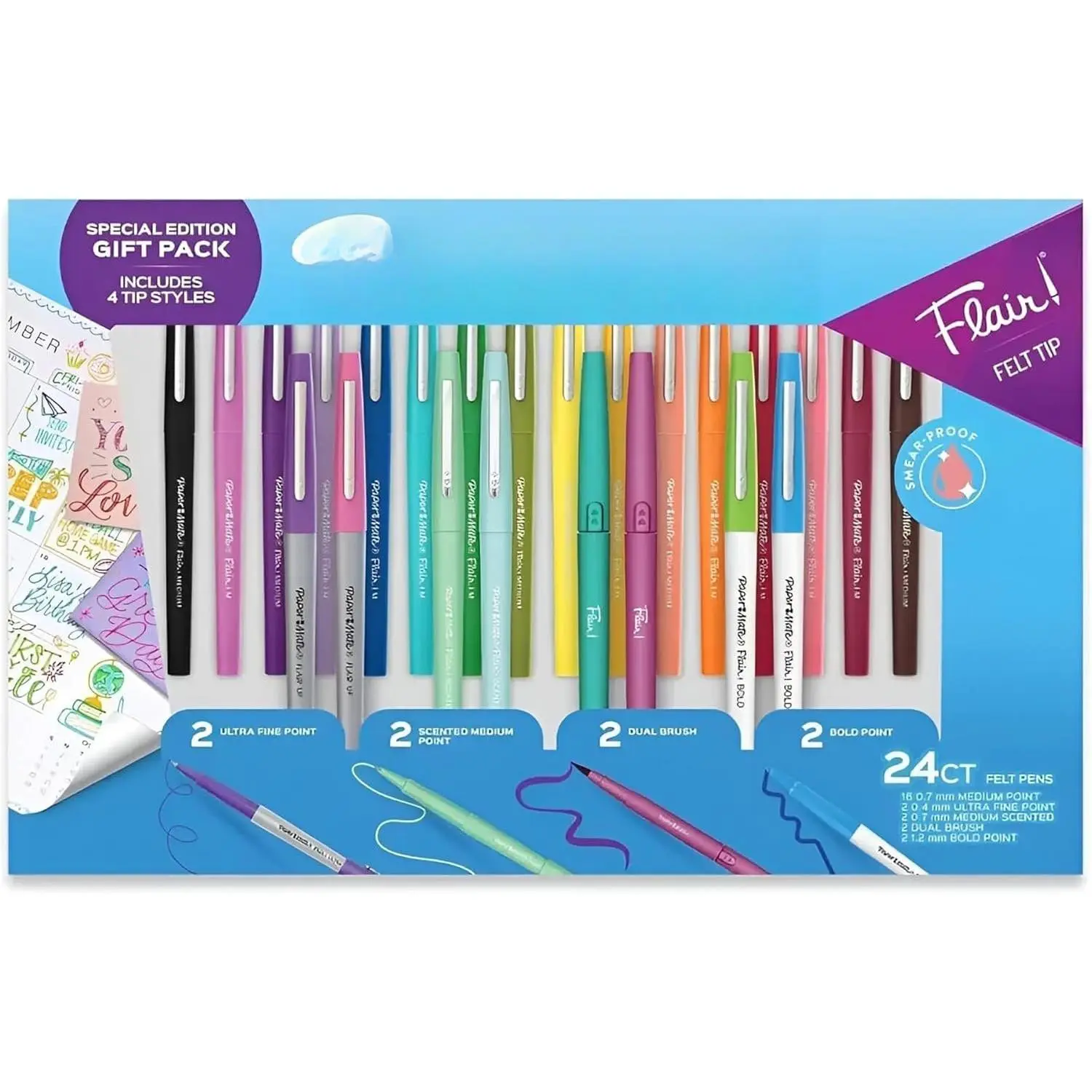 Flair Felt Tip Pens, 24  Colors, Medium Point 0.7mm, 4  Styles, No-Bleed Ink for Students and Teachers
