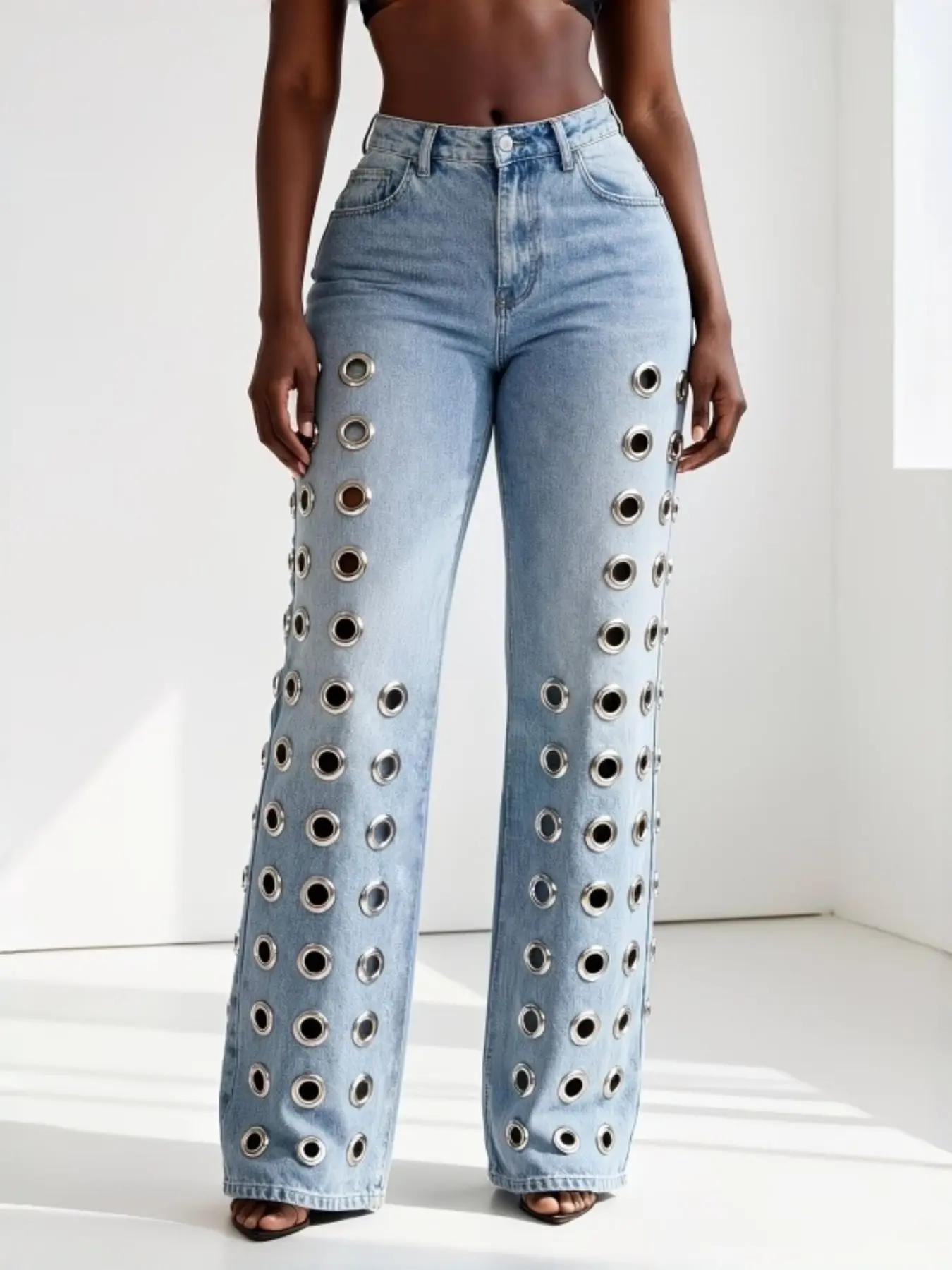 Women's High-Waisted Blue Jeans, Metal Hollow Design, Straight Leg, Floor-Length, Sexy Loose-Fit, All Seasons, Plain Surface