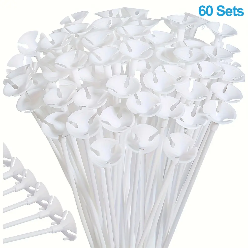 60 Sets Reusable White Plastic Balloon Stick and Cup Holders, Durable No-Helium Balloon Supports, Tabletop, Arch & Column Stand Decor Supplies for Wedding, Birthday, Christmas and New Year Parties