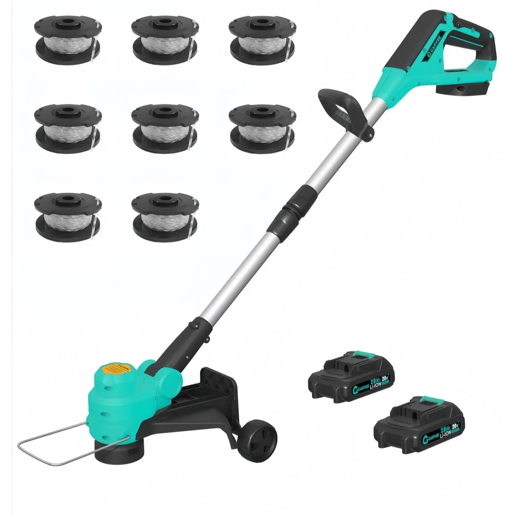 Lightweight 20V Wireless Weed Trimmer and Lawn Edger 12 Inch Cut Diameter Complete Set with 2 x 2.0Ah Rechargeable Batteries Quick Charger 8 Spool Lines and Support Wheels Ideal for Home Yard and Garden Weed Removal.
