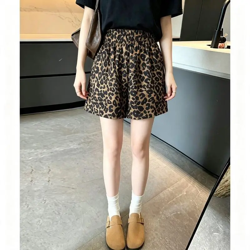 Women's Leopard Print Athletic Shorts, Loose Draped Straight Leg 3 Inch Shorts, Elastic Waist Small Wide Leg Casual Shorts, Lightweight Breathable Summer Shorts for Workout Lounge Daily Streetwear