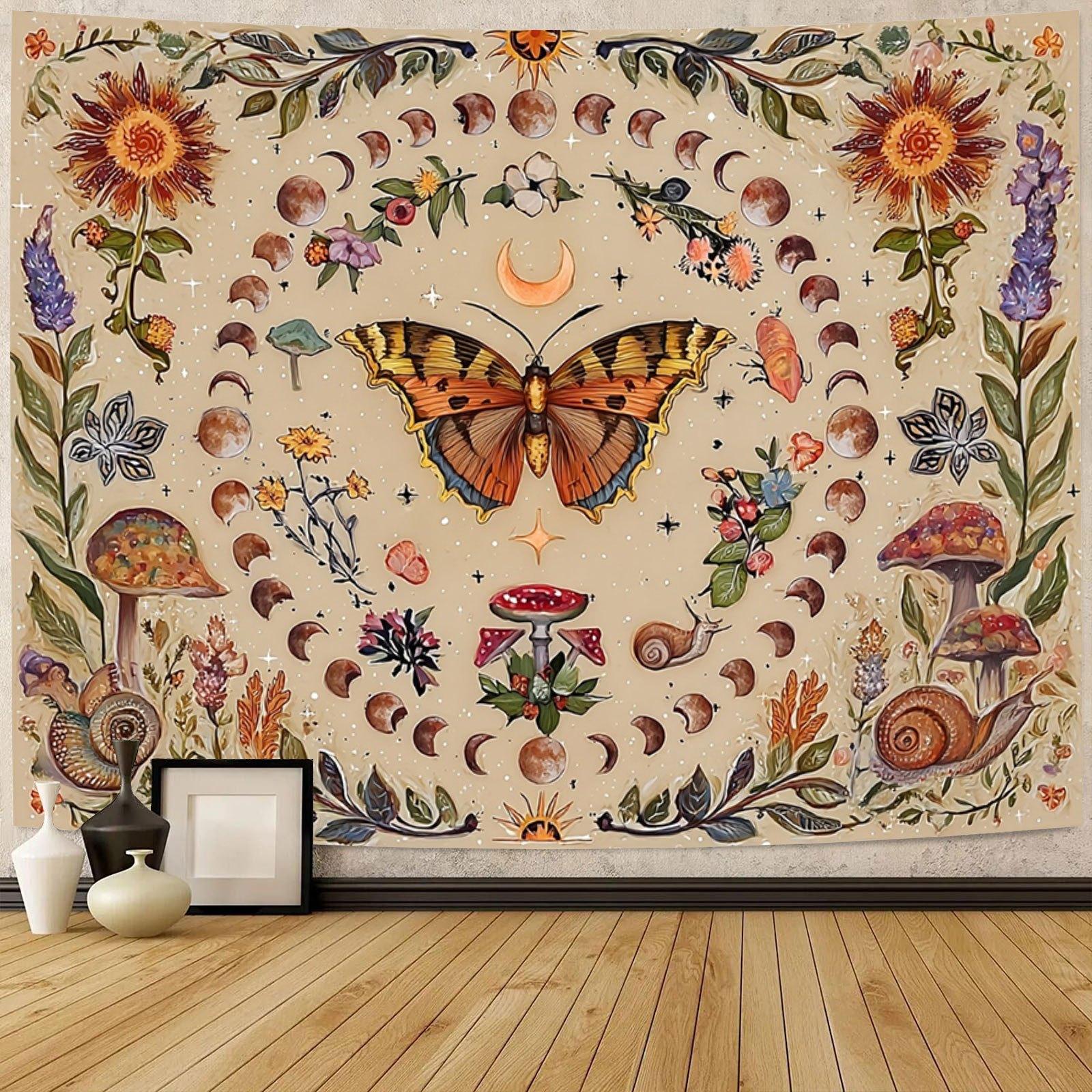 Sun and Moon Tapestry Vintage Boho Wall Hanging, Large Aesthetic Room Decor with Butterflies & Flowers Magic Garden, Oversized Wall Art for Bedroom Living Room Dorm Party