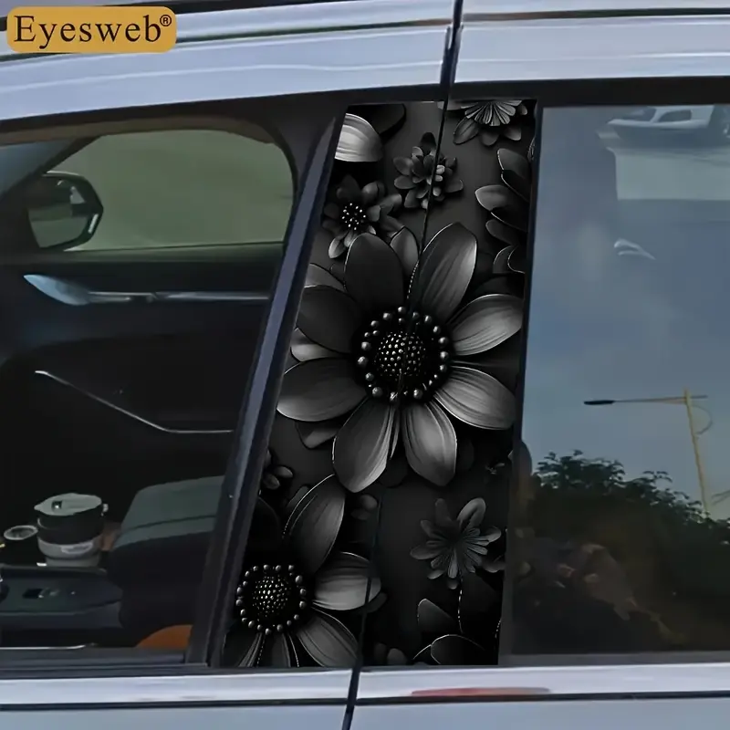 2pcs Black Sunflower Pattern Car Sticker, Vinyl, Scratch-Resistant Waterproof Decal, Car Decals, B-Pillar Sticker, Matte Finish, Suitable for Glass/Metal/Plastic Surfaces, Easy to Apply and Remove, Car Decoration, Exterior Car Accessory, Car Styling