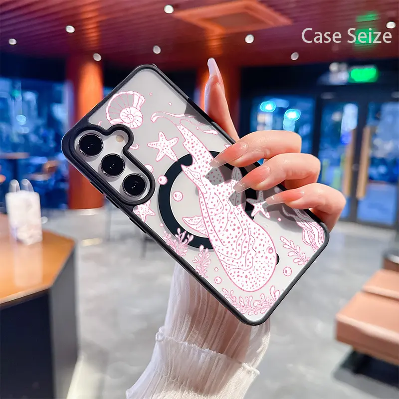Phone Case - Whale Shark Jellyfish Starfish Seashell Coral Bubbles Ocean Life Black Border Magnetic Phone Case, Anti-Yellowing, Slim Lightweight & Bare Feel, Luxury Premium Design for Samsung Galaxy S22 S23Fe S24 S25 Plus Ultra