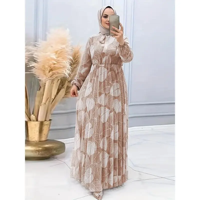 Ramadan Plant Print Loose Modest Casual Long Sleeve Abayas Dress Women's Clothing