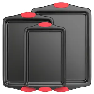 Non stick baking tray with red silicone handle, kitchen baking board, heat-resistant and non stick, household baking tray, rectangular biscuit tray, easy to clean, suitable for biscuits, cakes and bread
