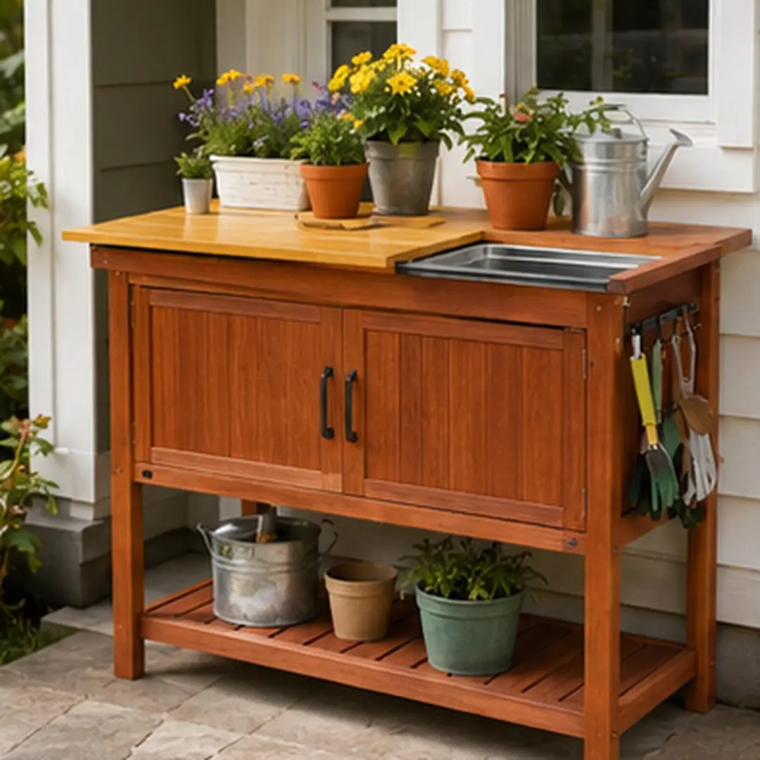 ARCH Outdoor Solid Wood Potting Bench Table - Multifunctional Garden Workstation Furniture with Sink, Storage Cabinet, Sliding Tabletop, Removable Tray, Bottom Shelf, Side Hooks, Reddish Brown/Yellow Options for Home Organizing on Patio Lawn, Stand