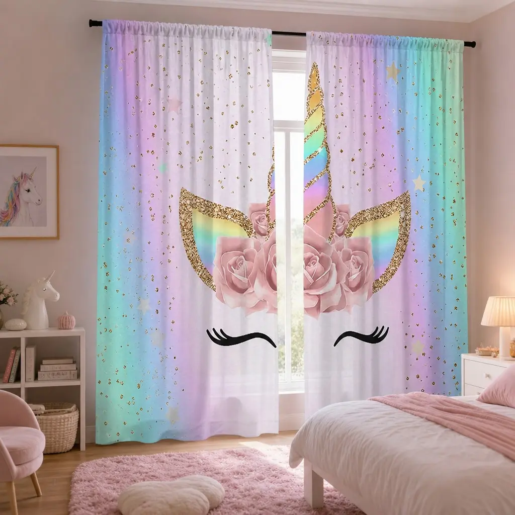 2 Piece Set Art Fairy Rainbow Unicorn Curtains, Digital Print Semi-Transparent Fabric, Living Room Bedroom Decor, Balcony Study Room, Art Style Curtains