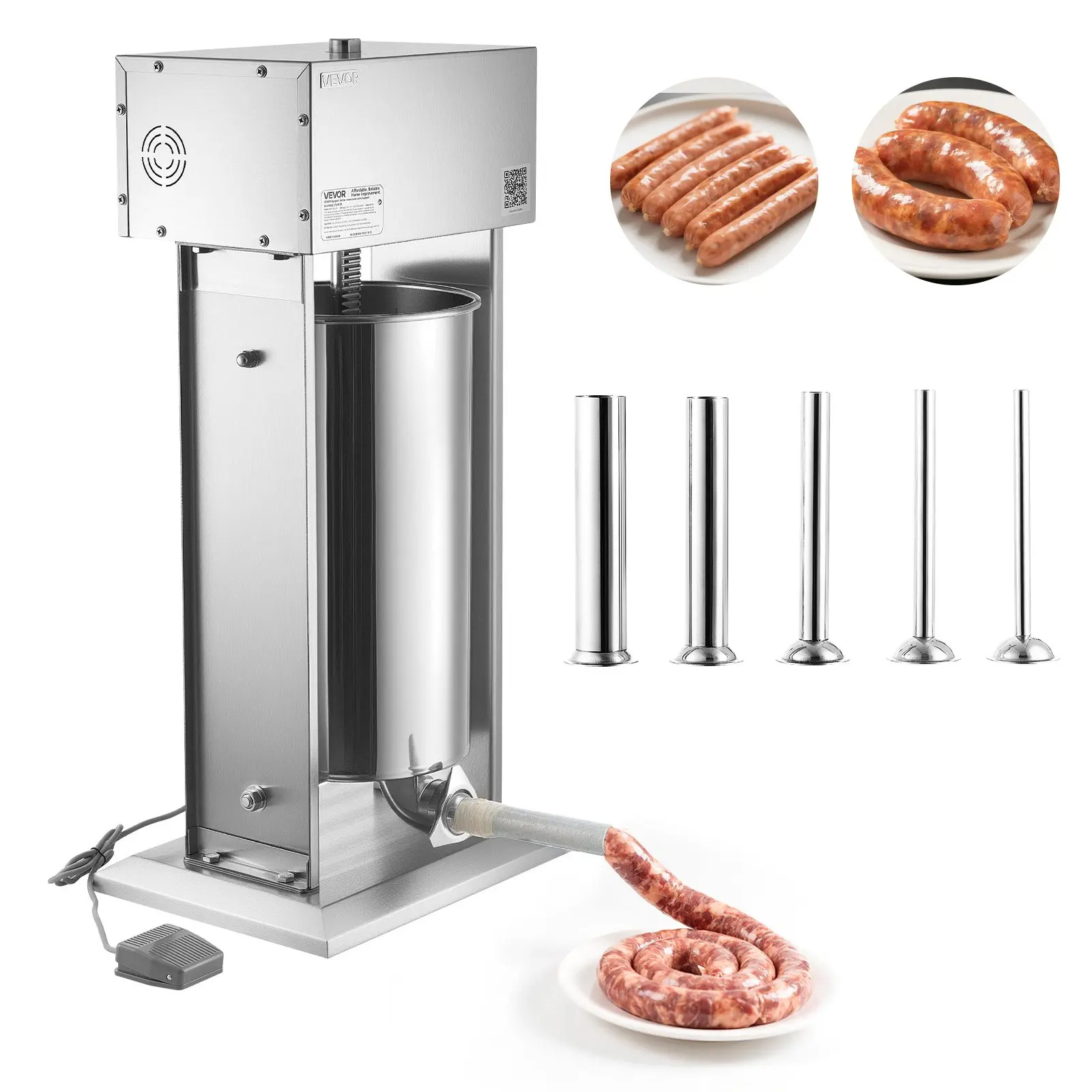 VEVOR Electric Sausage Stuffer, 55 LBS/ 25 L Vertical Meat Stuffer, Stepless Speed Control and Foot Pedal, Stainless Steel Heavy Duty Sausage Filler with 5 Stuffing Tubes, for Commercial Home Use