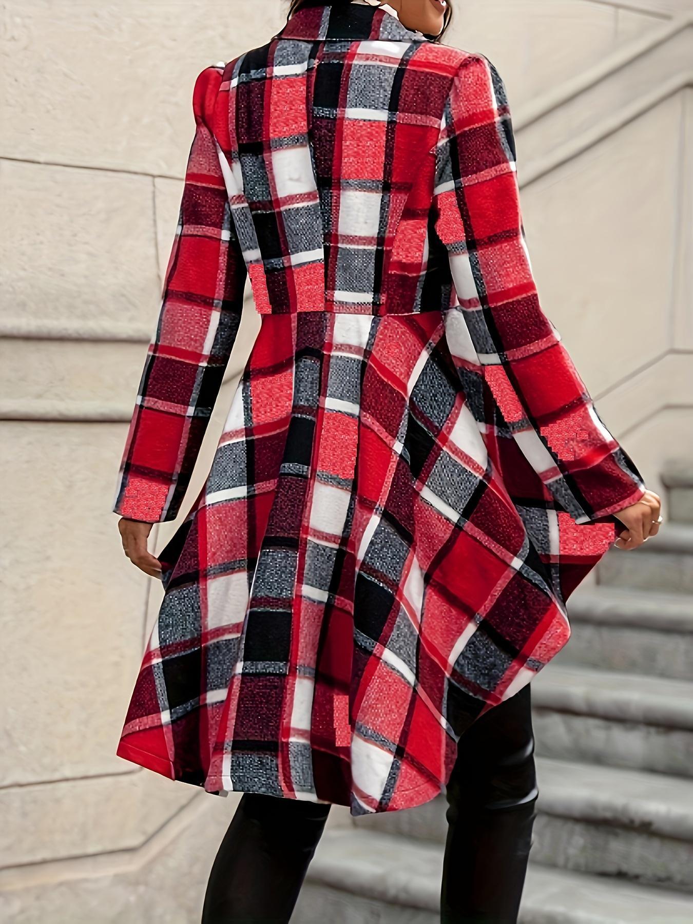 Women's Plaid Print Button High Low Hem Fitted Casual Fashion Jacket Coats, Casual Long Sleeve Lapel Neck Open Front Outerwear for Fall & Winter, Ladies Clothes for Daily Wear, Womenswear Everyday