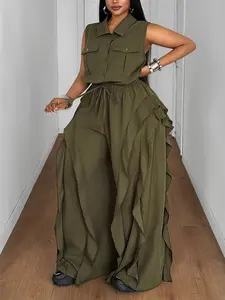 Plus Size Women's Lapel Button Front Sleeveless Ruffle Loose Bodysuit, Comfortable and Stylish One-Piece for Everyday Wear