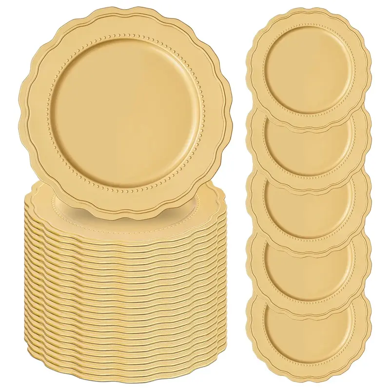 24 50 100 Pcs Gold/Silver Charger Plates Bulk 13" Round Charger Plates Flower Chargers for Dinner Plate Decorative Gold Plastic Chargers Plate for Wedding Party Event Baby Bridal Shower Dinner Table Decoration