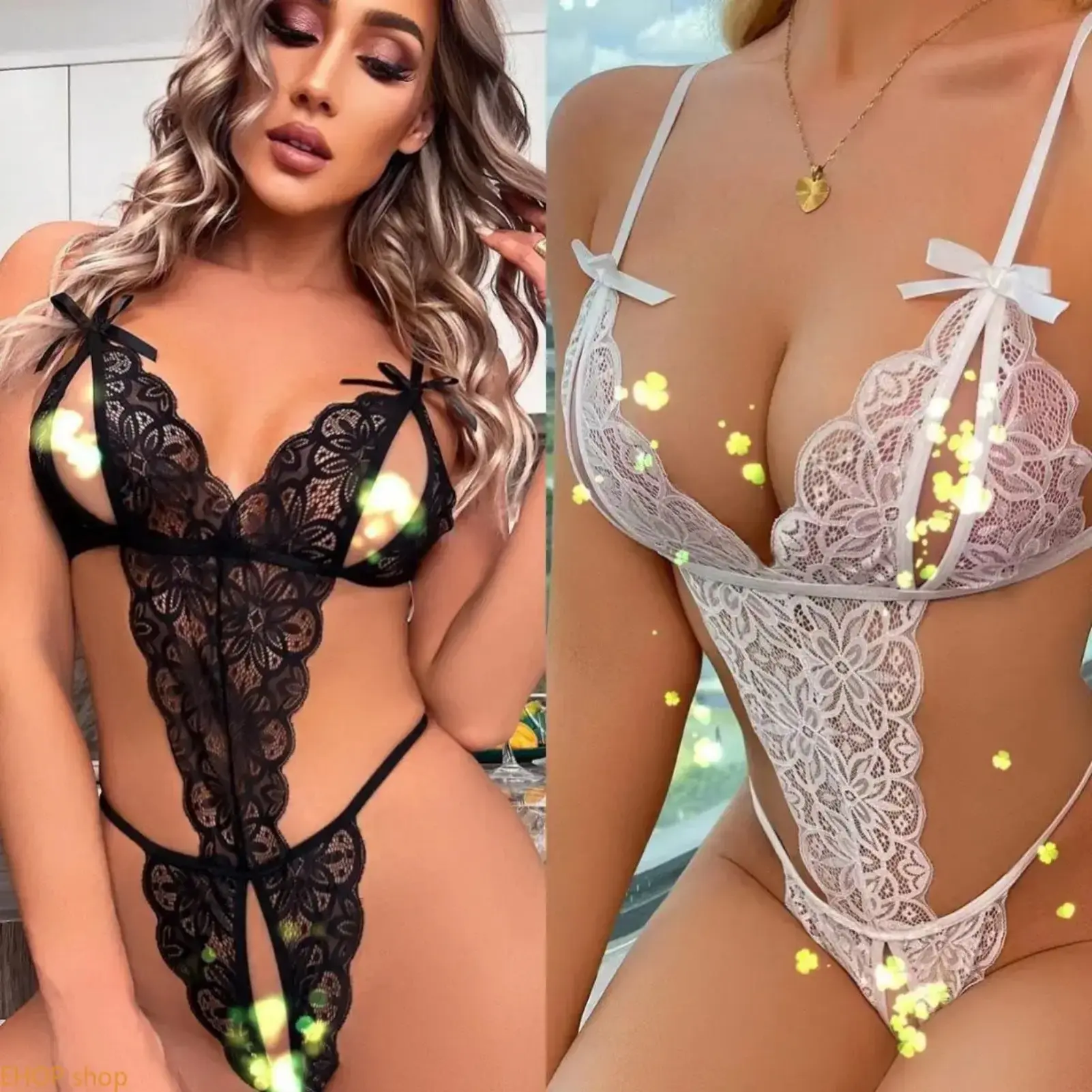 Women’s Deep V Lace Mesh Bodysuit, Hollow Out Sheer One-Piece Sleepwear, Bodycon Sheer Outfit Suitable for Indoor Lounging and Special Occasions