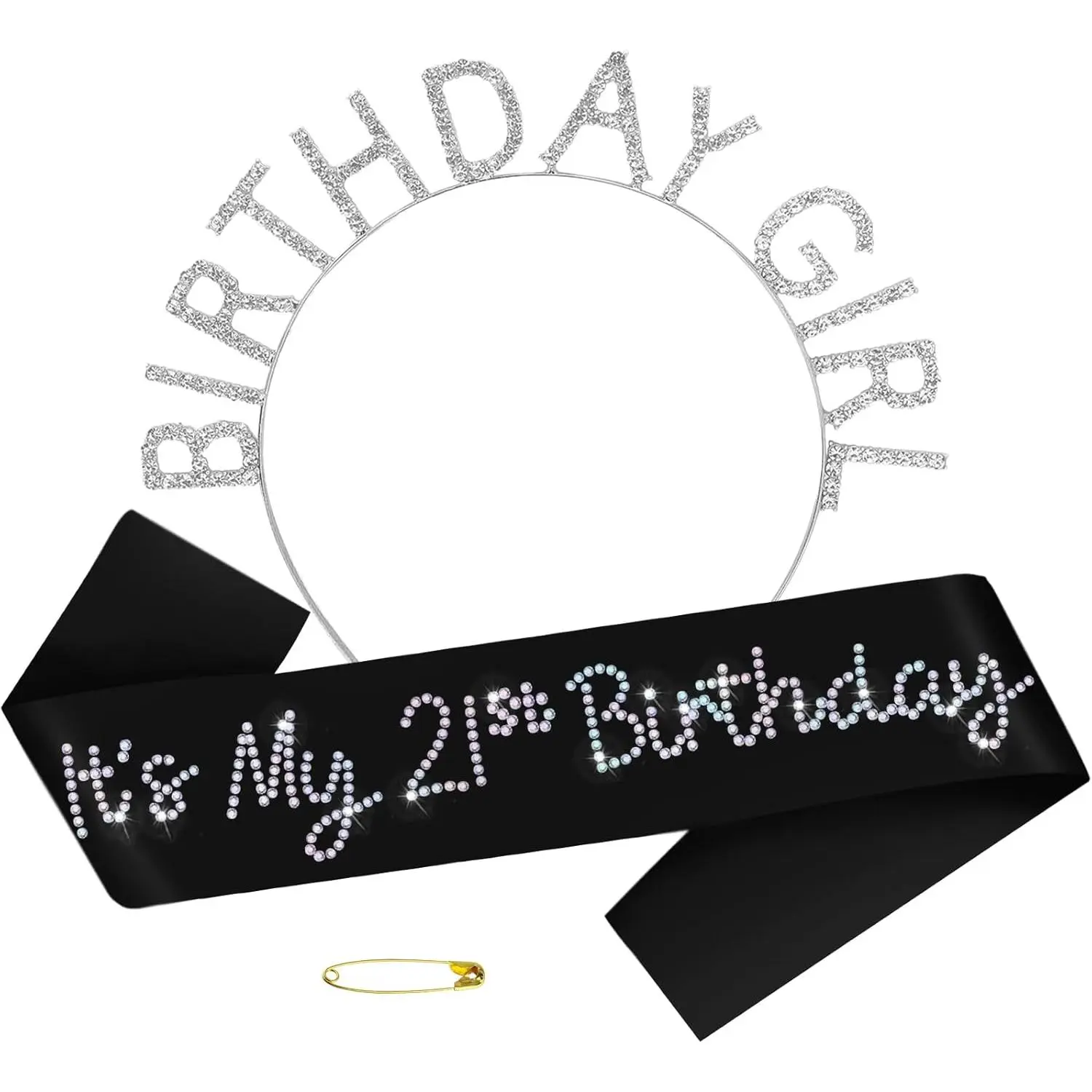 It's My 21st Birthday Sash and Birthday Girl Crown, Black Satin Birthday Sash with Glitter Rhinestones Tiara for Girls or Women, Finally 21 Bday Sashes, Ideal Twenty  Gifts,21 Bday Party Deco