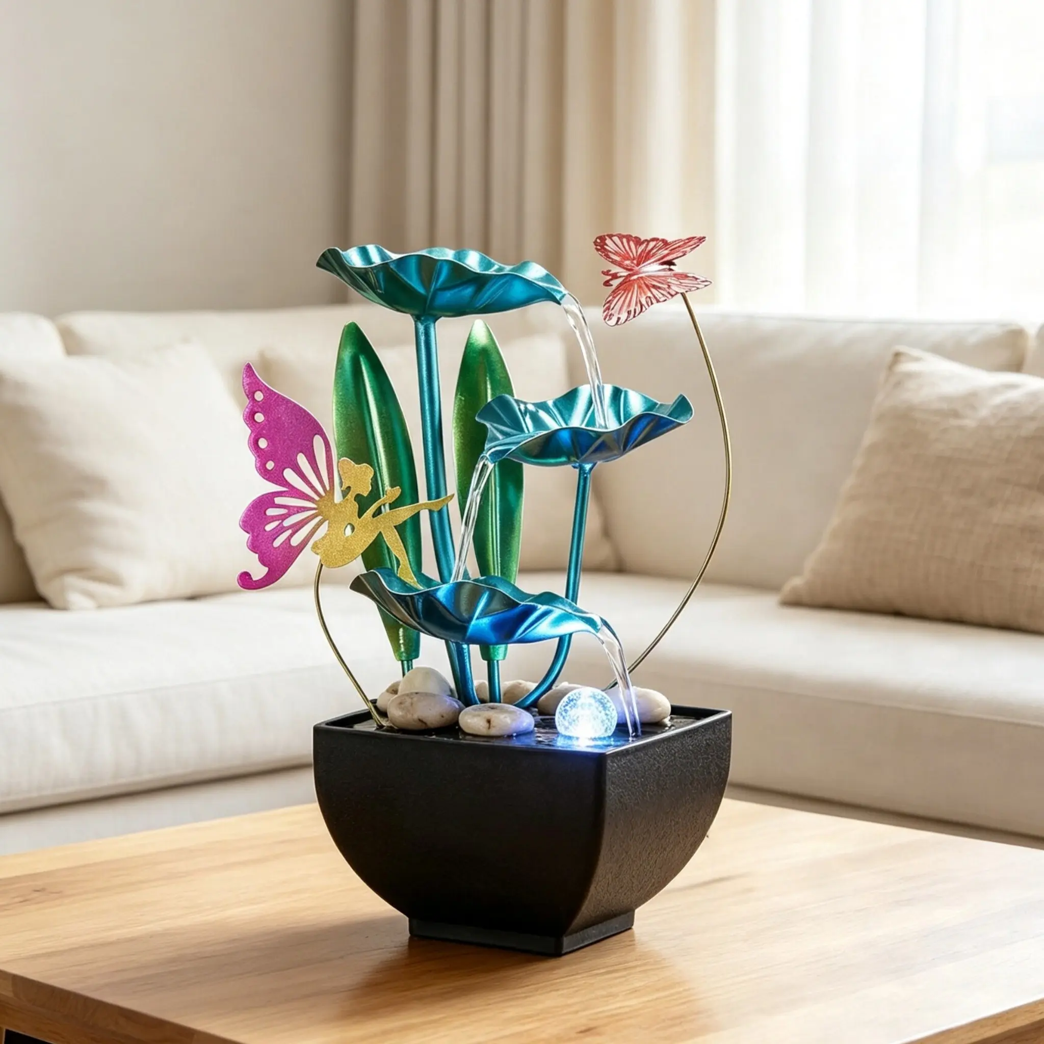 Three-Layer Blue Butterfly Decorative Water Flow Ornament, High-End Craftsmanship, Mini Fountain Humidifier, Indoor Decoration
